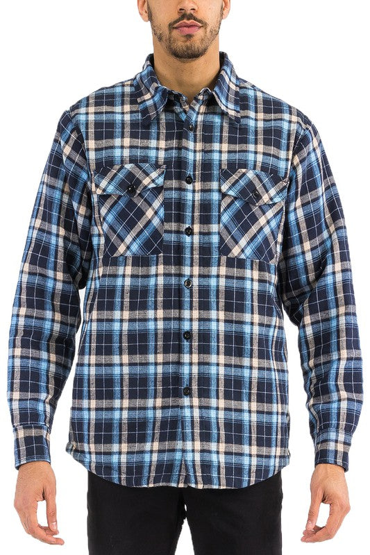 Mens Quilted Padded Flannel in Navy Blue