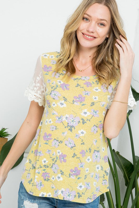 Floral Embroidery Lace Mixed Top