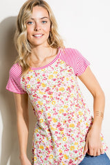 Plus Pin Stripe Floral Mixed Top