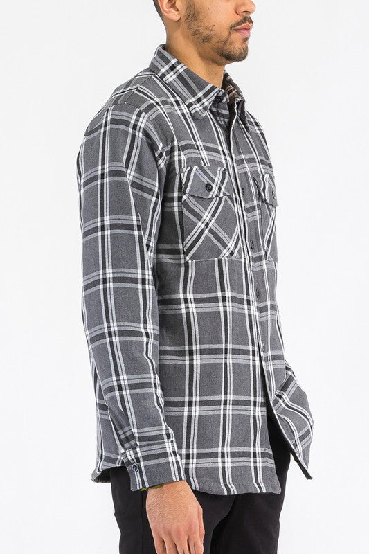 Mens Quilted Padded Flannel in Grey/Black