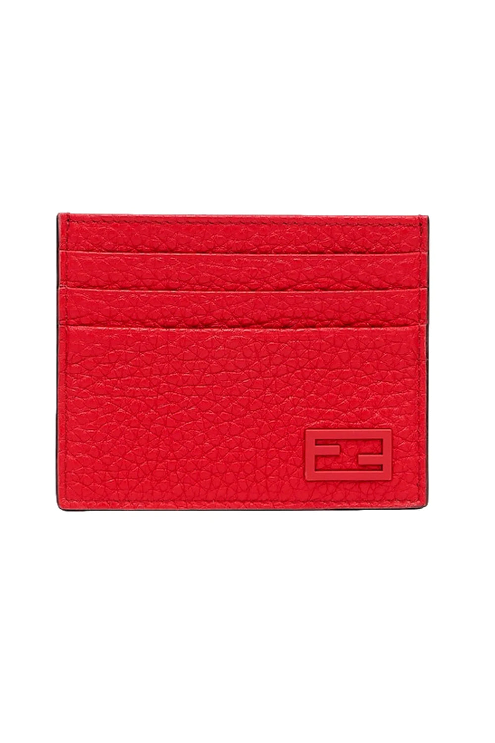 Fendi Red Calfskin Grained Leather Logo Card Case Wallet