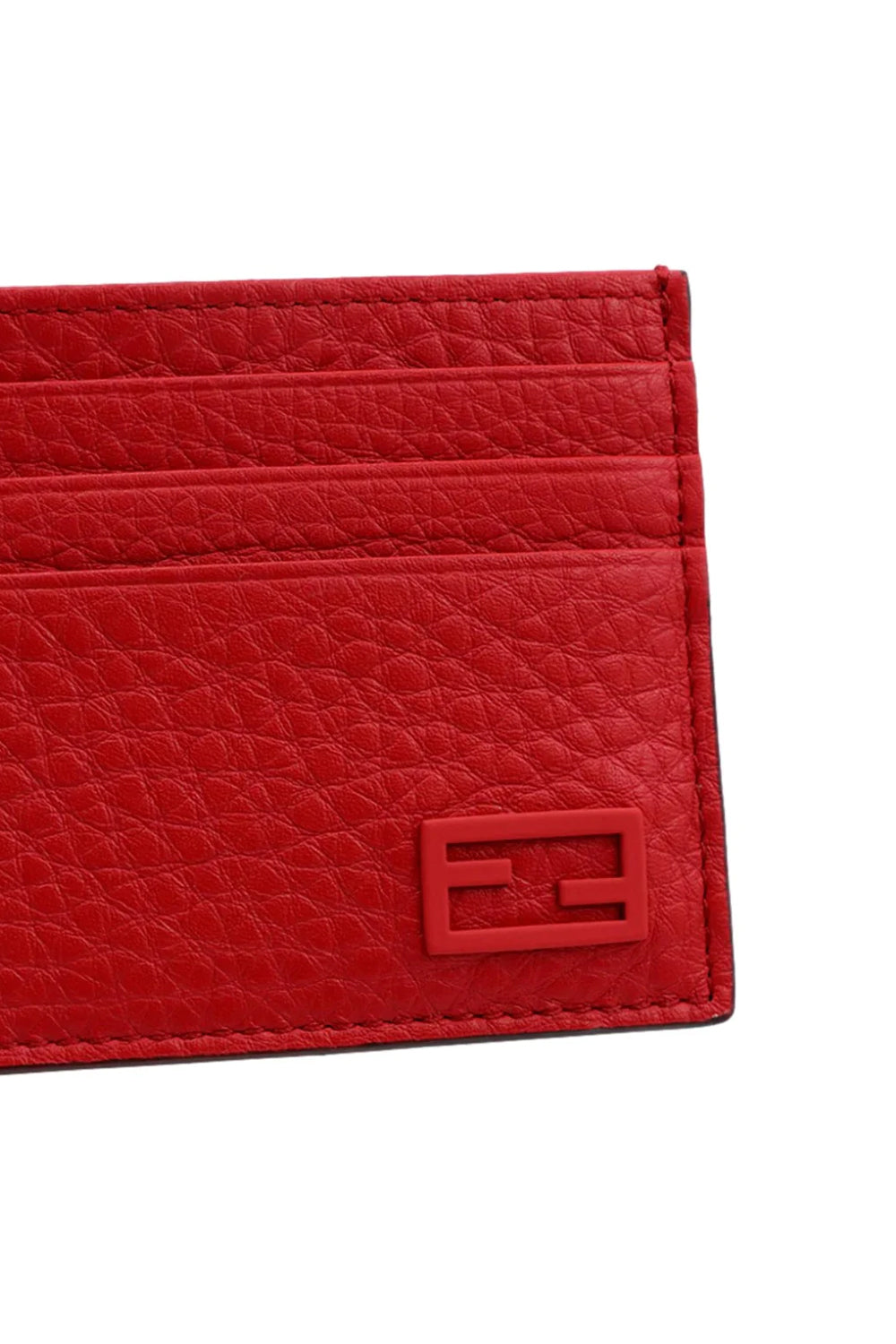 Fendi Red Calfskin Grained Leather Logo Card Case Wallet