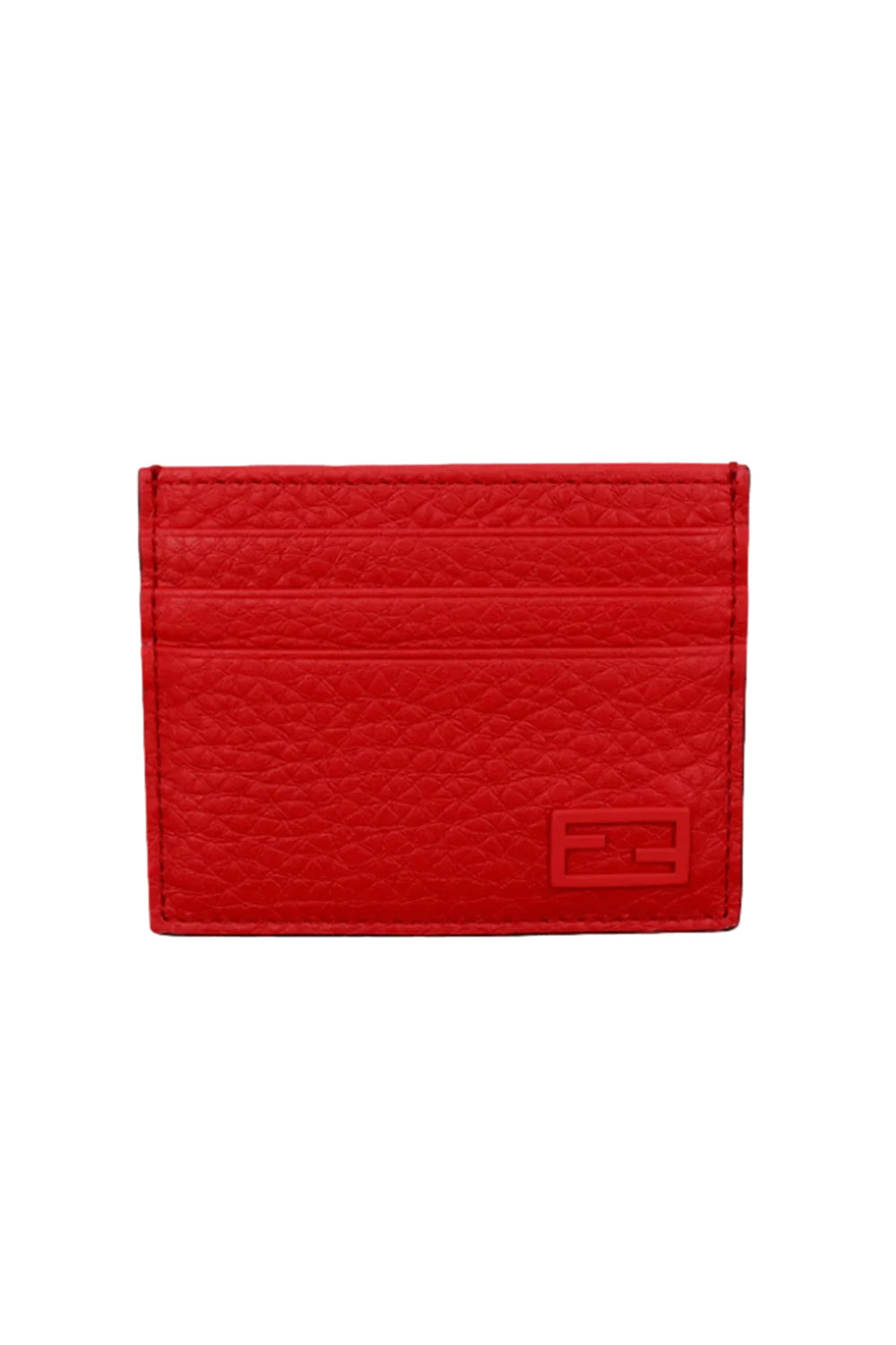 Fendi Red Calfskin Grained Leather Logo Card Case Wallet