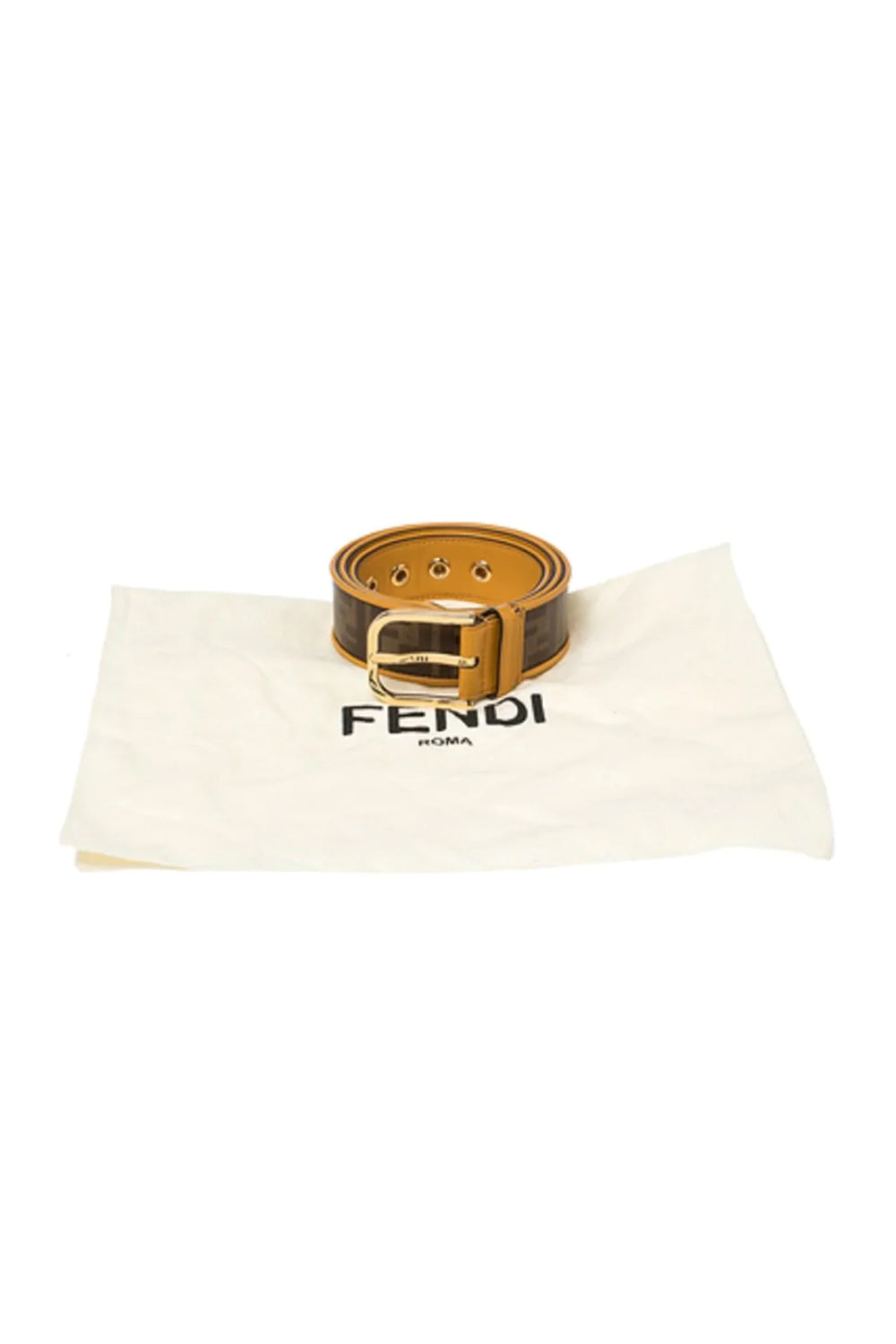 Fendi FF Logo Zucca Brown Yellow Leather Trim Belt