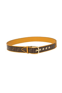 Fendi FF Logo Zucca Brown Yellow Leather Trim Belt