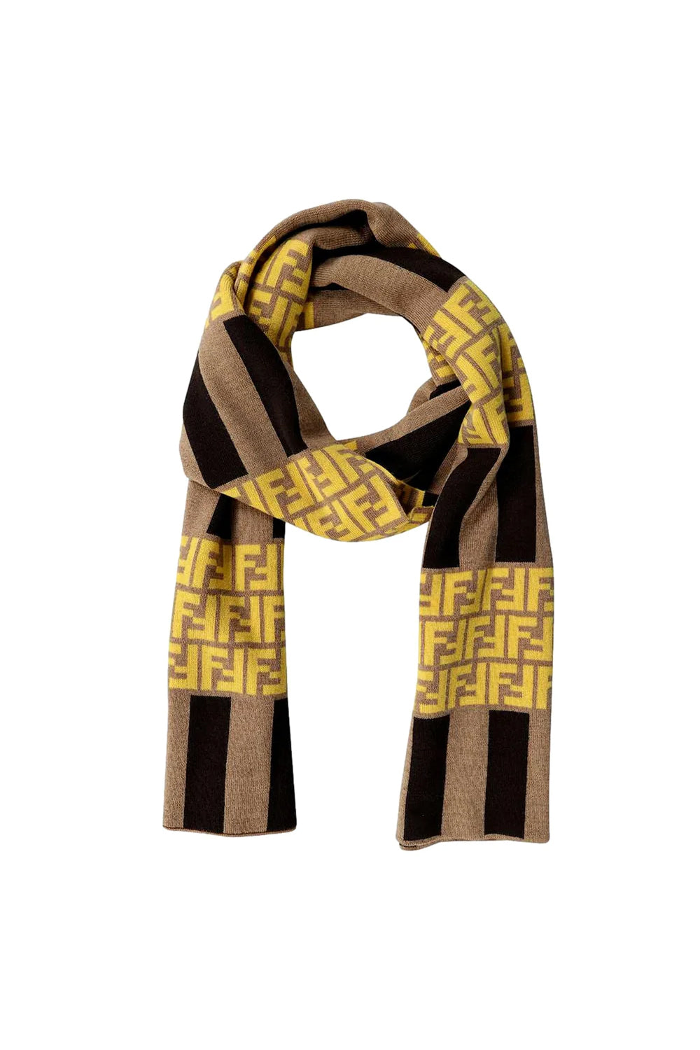 Fendi FF Print Striped Brown and Yellow Knitted Wool Scarf 