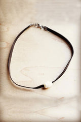 Floating Pearl on Brown Leather Choker Necklace
