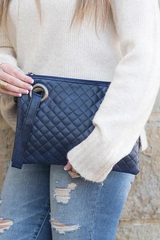 Quilted Wristlet Clutch Purse Wallet Genuine Leather - Black