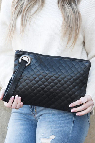 Quilted Wristlet Clutch Purse Wallet Genuine Leather - Black