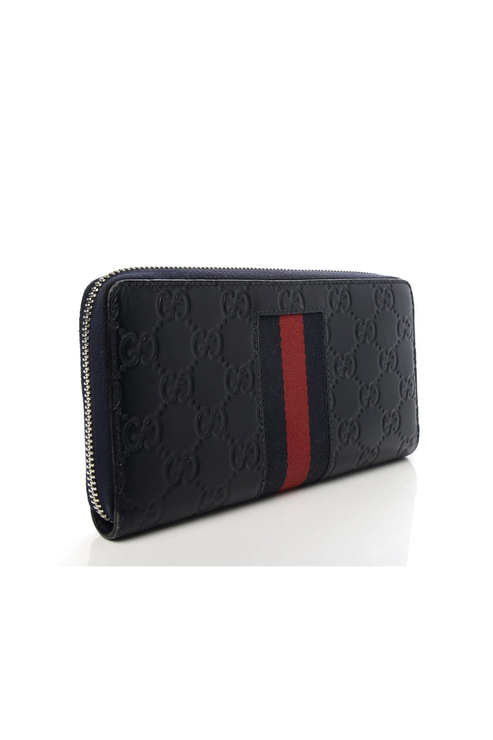New Gucci Navy Blue Leather Guccissima Web Stripe Long Zip Wallet 408831 