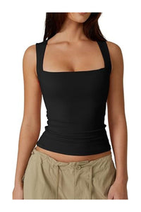 Trendy Women's Square Neck Sleeveless Double-Layer Tank