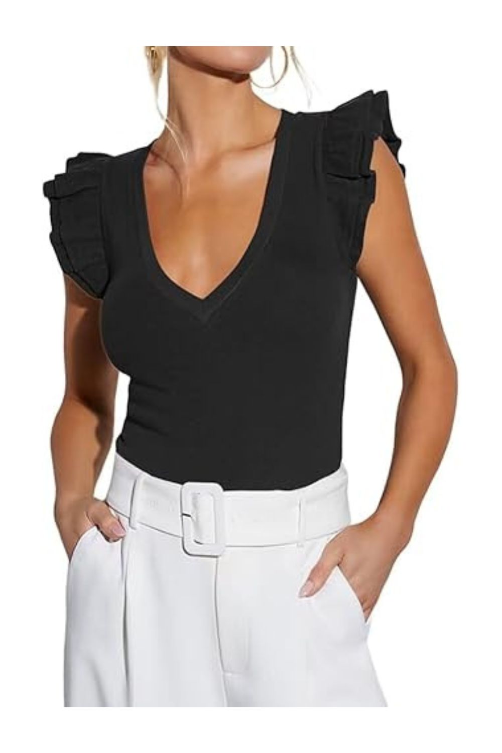 Trendy Women's Sleeveless V-Neck Ruffle Ribbed Tank Top