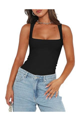 Trendy Women's Sleeveless Square Neck Double-Lined Bodysuit Tank