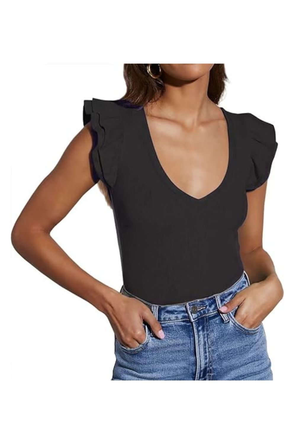 Trendy Women's Sleeveless V-Neck Ruffle Ribbed Tank Top