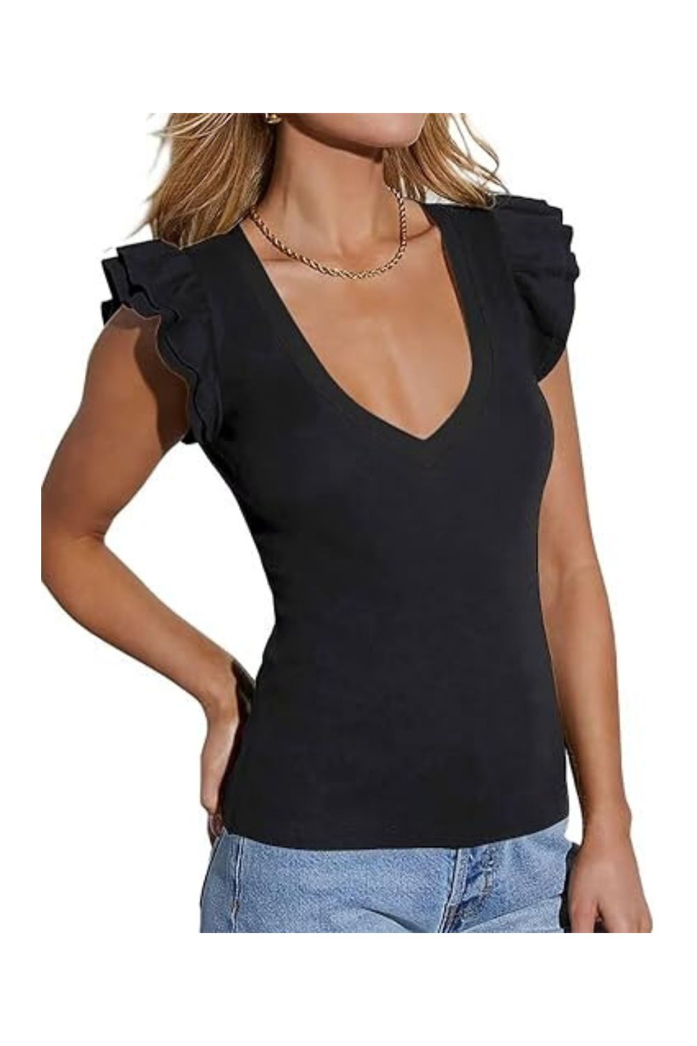 Trendy Women's Sleeveless V-Neck Ruffle Ribbed Tank Top