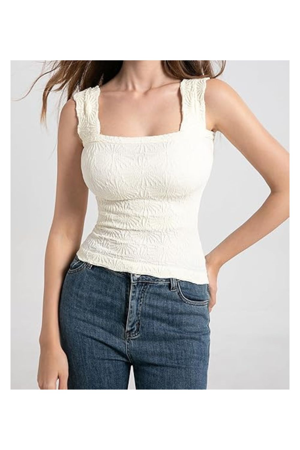 Women's Square Neck Wide Strap Lettuce Trim Tank