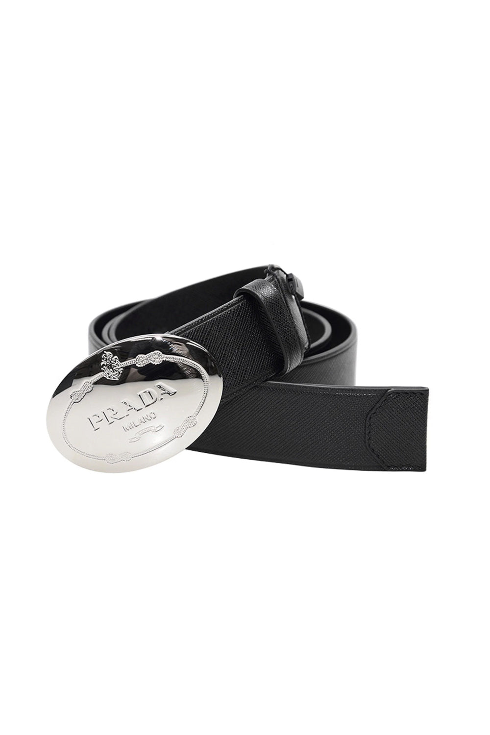 Prada Saffiano Engraved Oval Plaque Buckle Belt