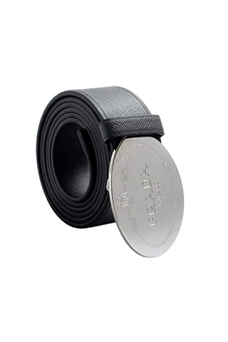 Prada Saffiano Engraved Oval Plaque Buckle Belt