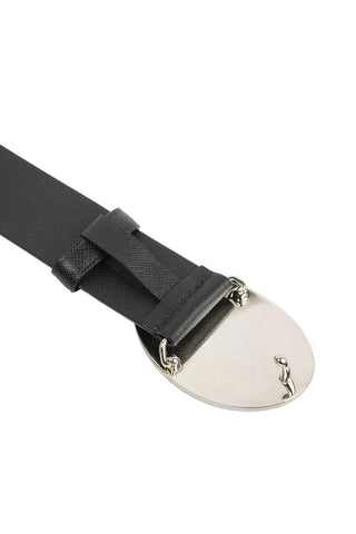 Prada Saffiano Engraved Oval Plaque Buckle Belt