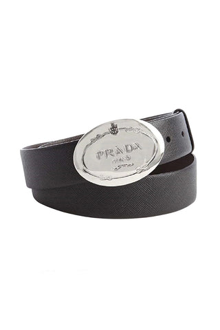 Prada Saffiano Engraved Oval Plaque Buckle Belt