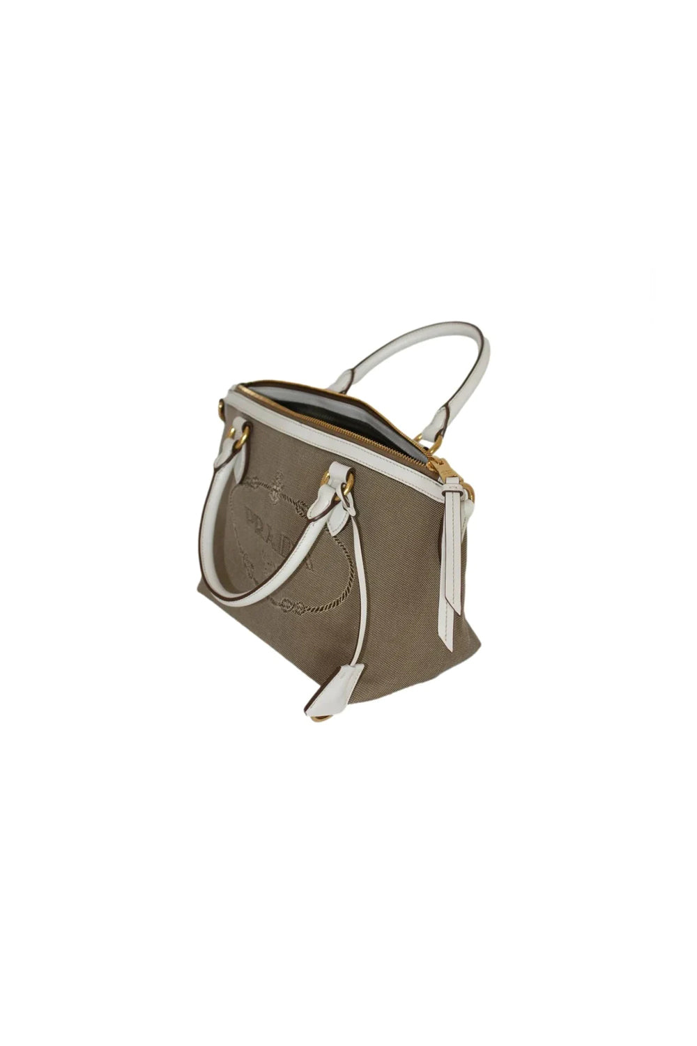 Prada Canvas Jacquard Logo Leather Trim Satchel Bag