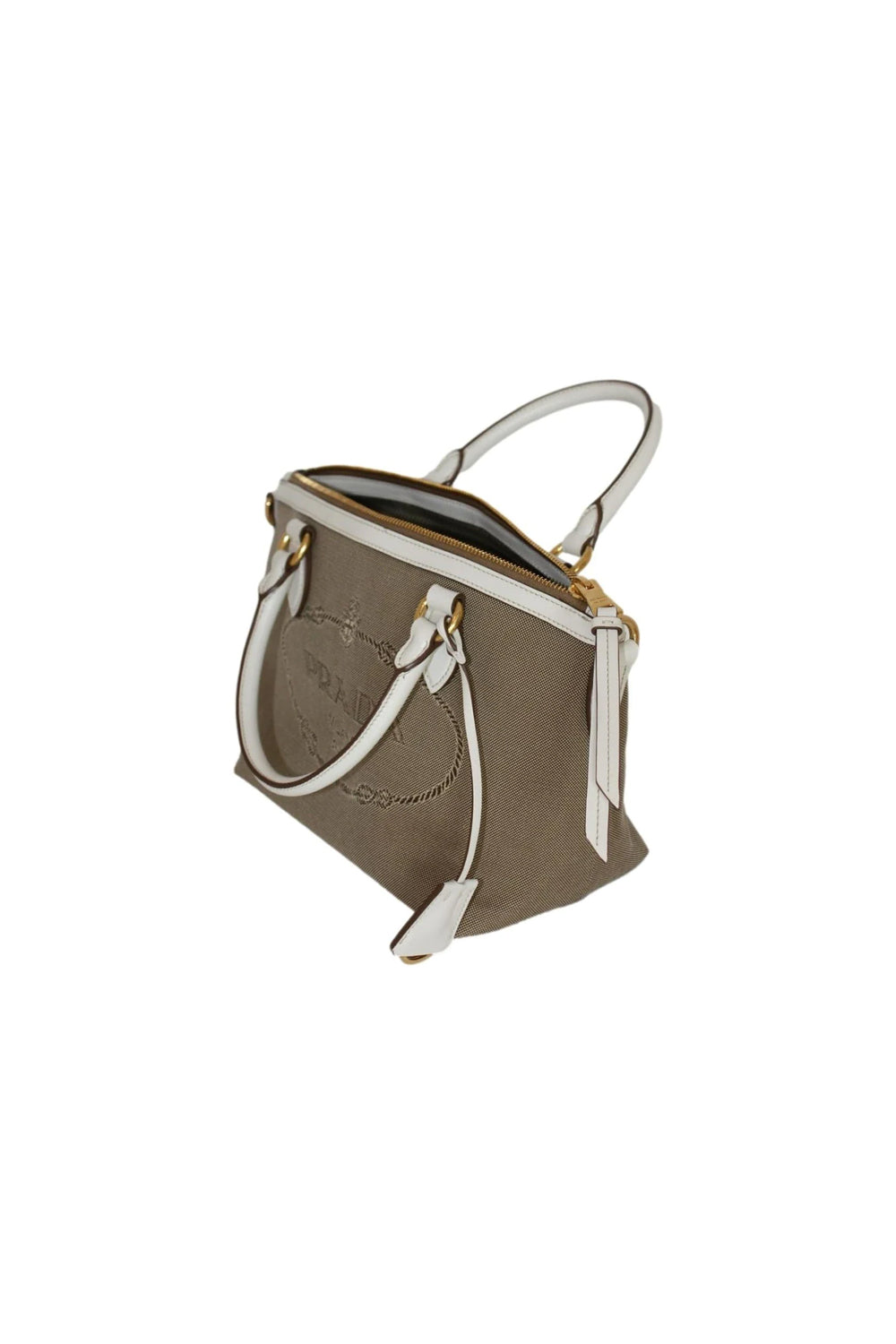 Prada Canvas Jacquard Logo Leather Trim Satchel Bag