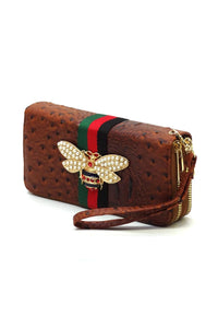 Queen Bee Stripe Ostrich Double Zip Around Wallet