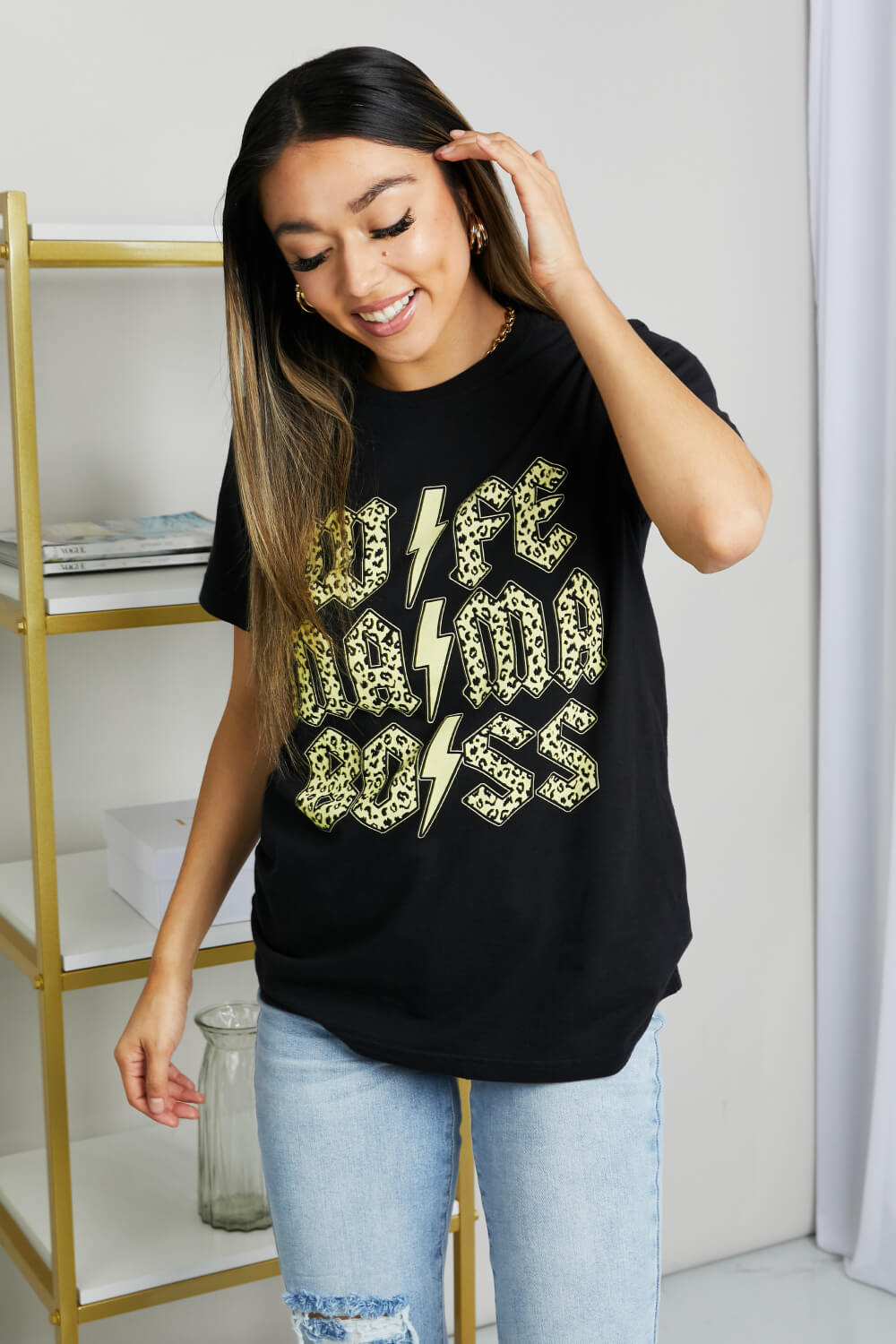 mineB Full Size Leopard Lightning Graphic Tee in Black 