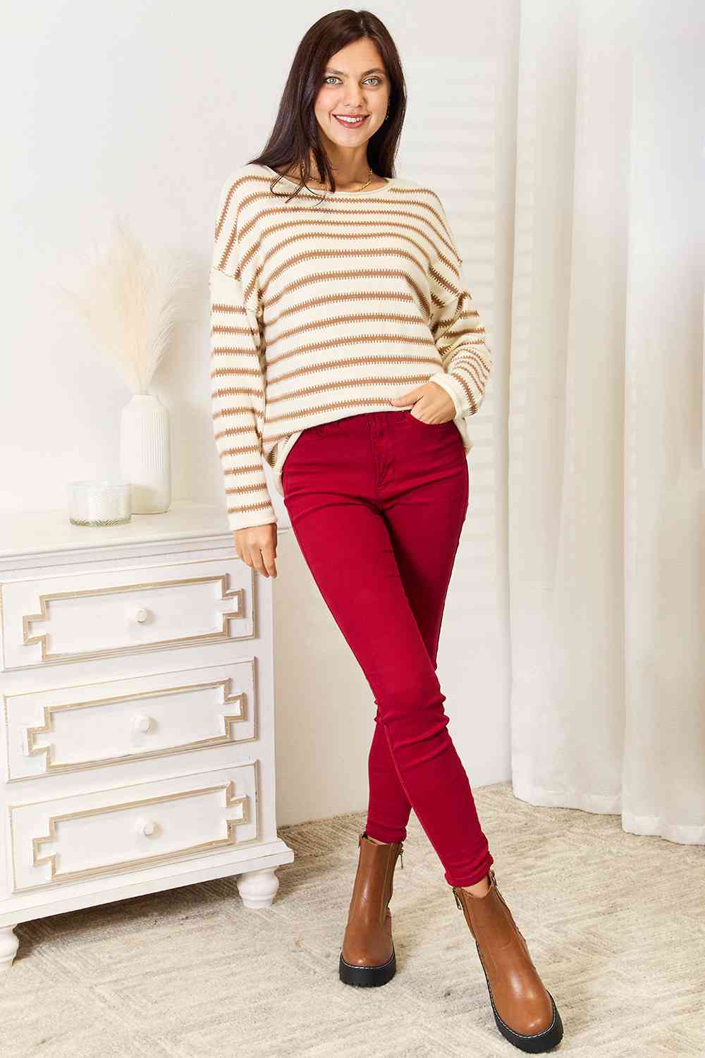 Double Take Striped Boat Neck Sweater 