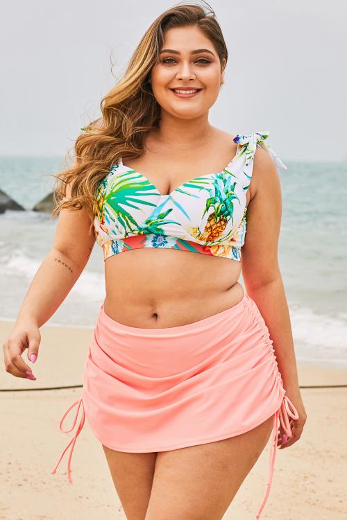 Pink Ruched Side Plus Size Women's Bikini Bottom