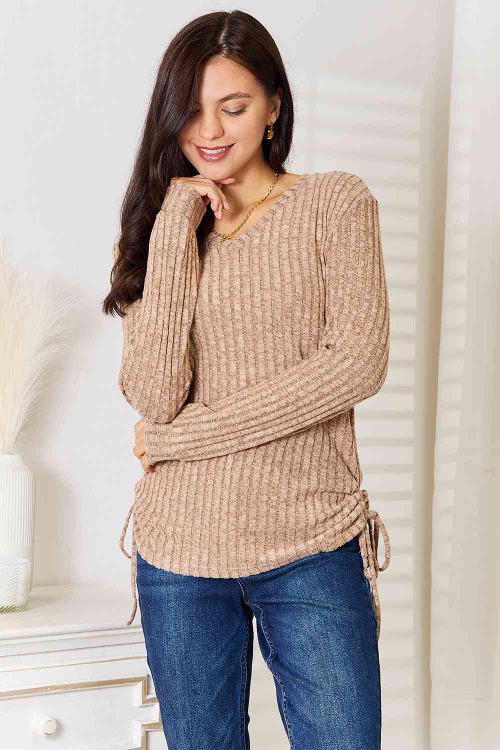 Double Take Drawstring Ribbed Long Sleeve Shirt