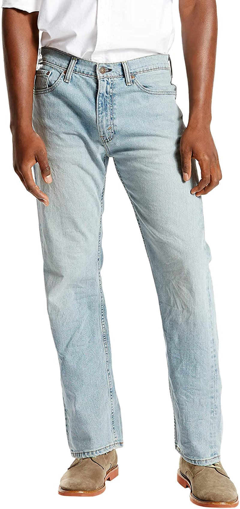 Cotton Levi's jeans in sky blue. Five-pocket styling. Zip-fly. Belt loops at waistband. 