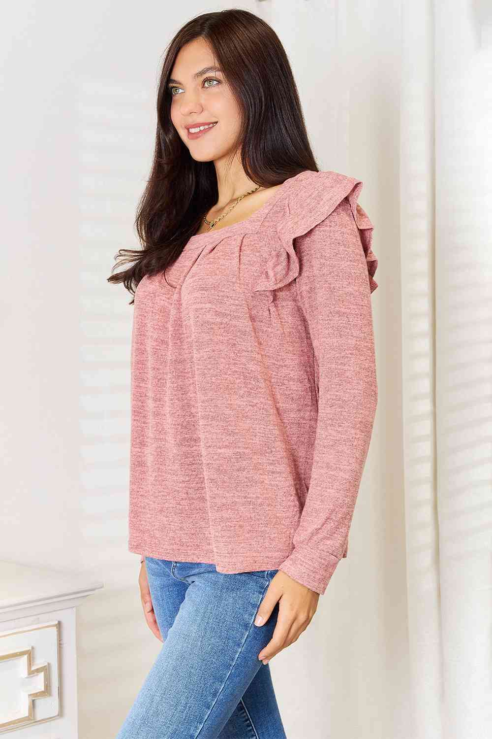 Double Take Square Neck Ruffle Shoulder Long Sleeve Shirt