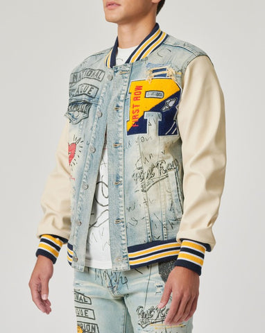 Hand Drawing Leather Sleeves Varsity Jacket