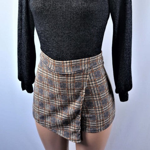 Soft Fabric Plaid Mini Skirt - Brown
