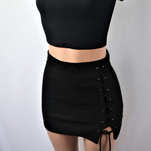 Invisible side seam zipper Lace up Mini Skirt