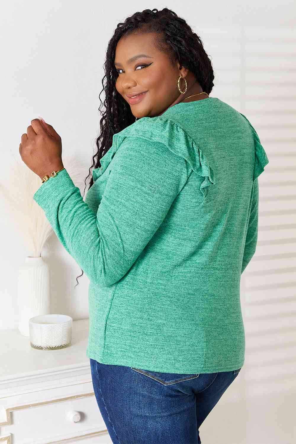 Double Take Ruffle Shoulder Long Sleeve Shirt