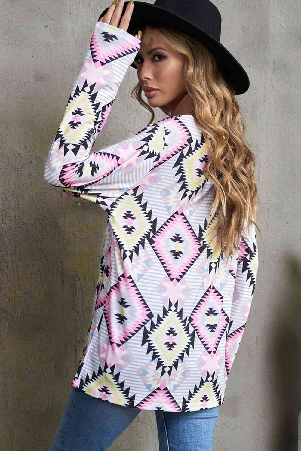 Geometric V-Neck Long Sleeve Shirt