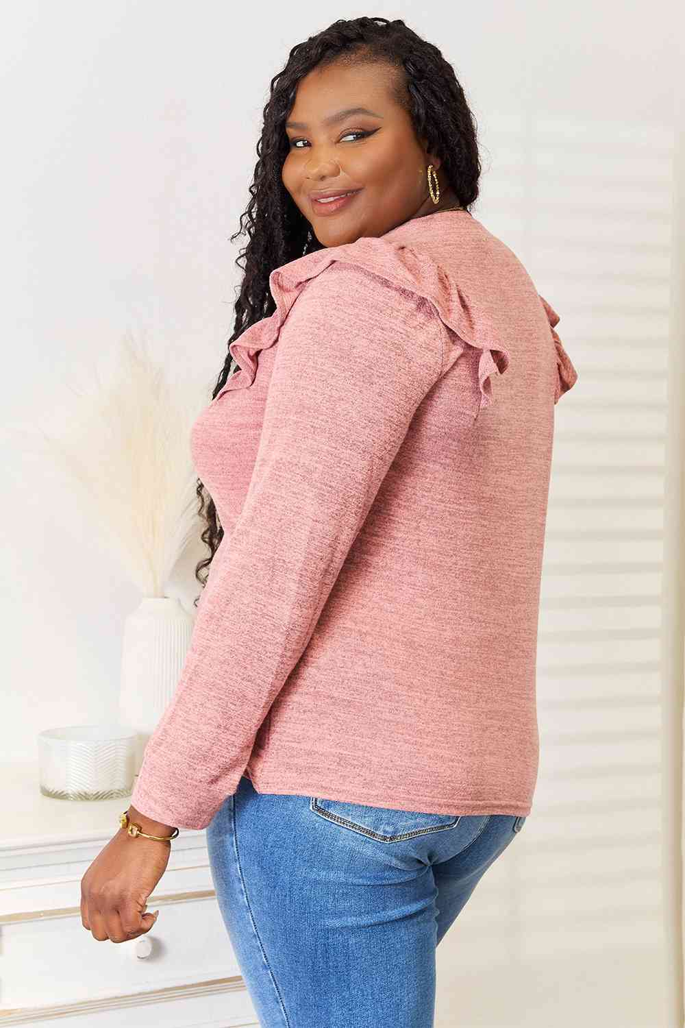 Double Take Ruffle Shoulder Long Sleeve Shirt