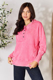 Zenana Half Snap Long Sleeve Hoodie with Pockets