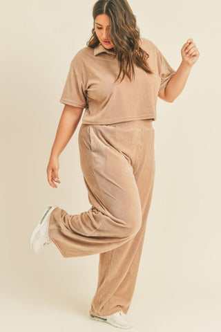 Kimberly C Full Size Cropped Polo Shirt and Wide Leg Pants Set