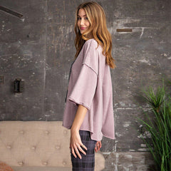 3/4 Slvs Mineral Washed Terry Knit Boxy Top