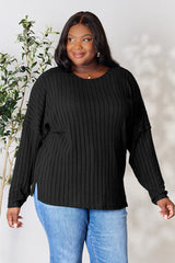 Basic Bae Full Size Ribbed Round Neck Slit Shirt