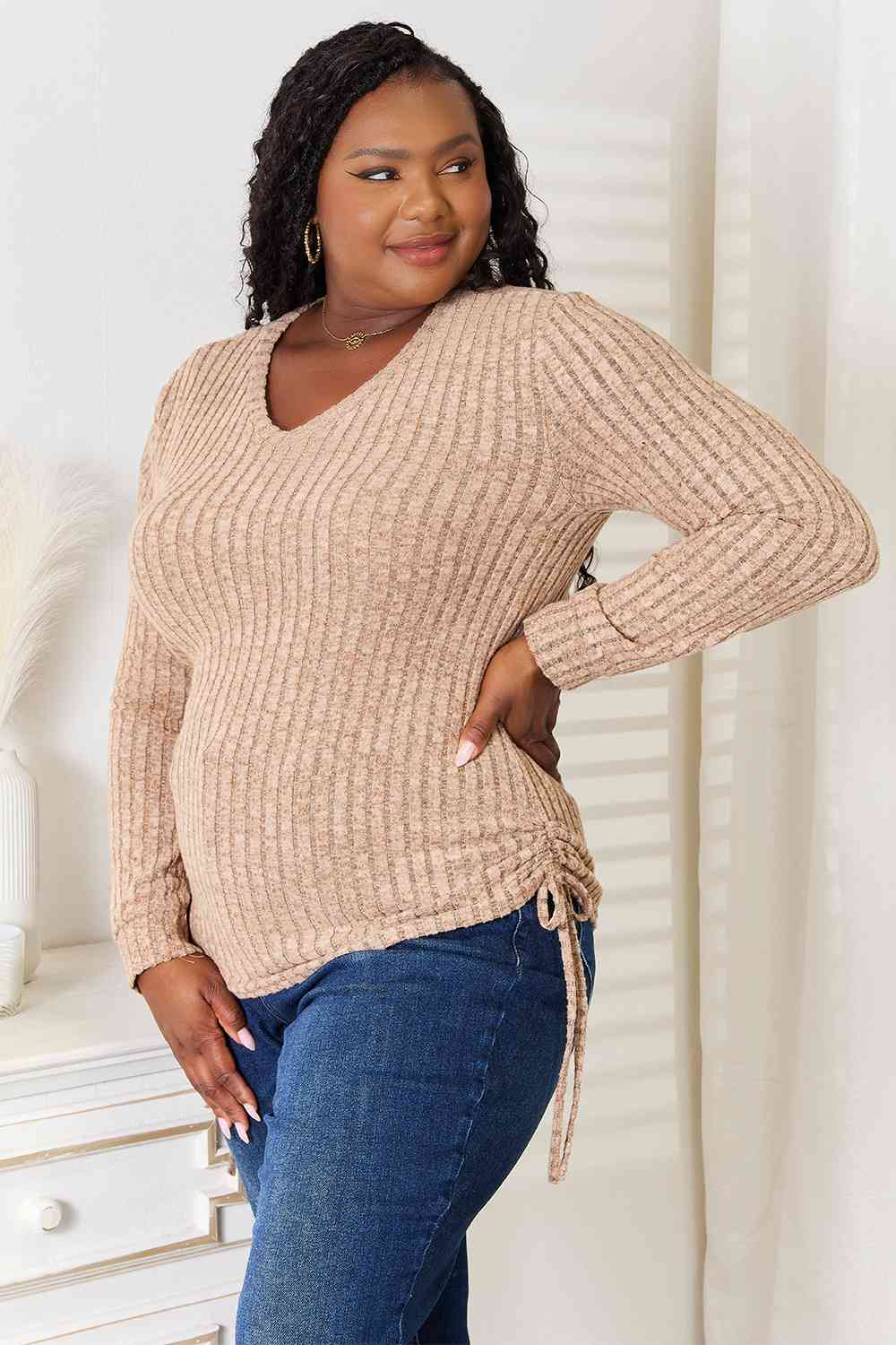 Double Take Drawstring Ribbed Long Sleeve Shirt