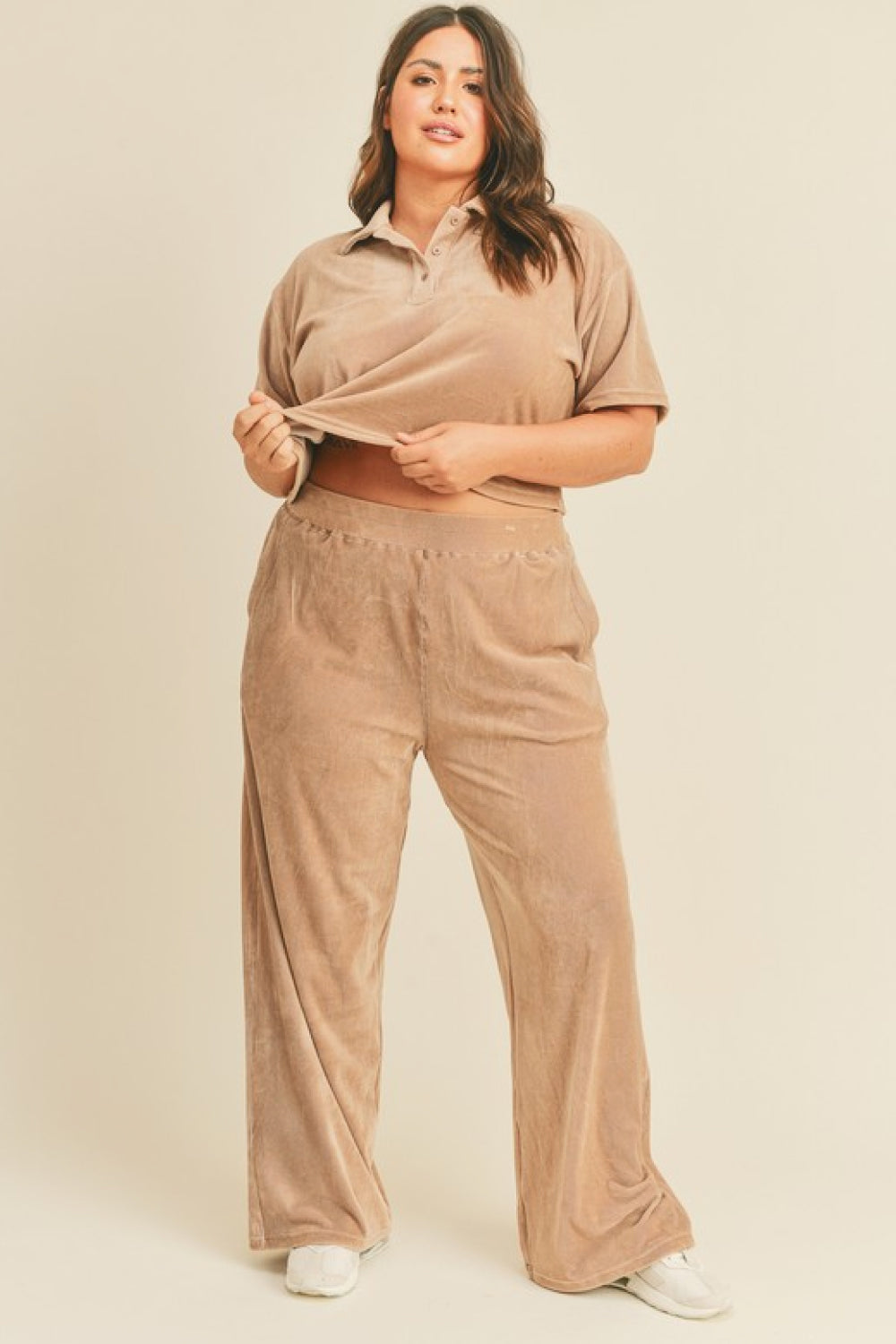 Kimberly C Full Size Cropped Polo Shirt and Wide Leg Pants Set