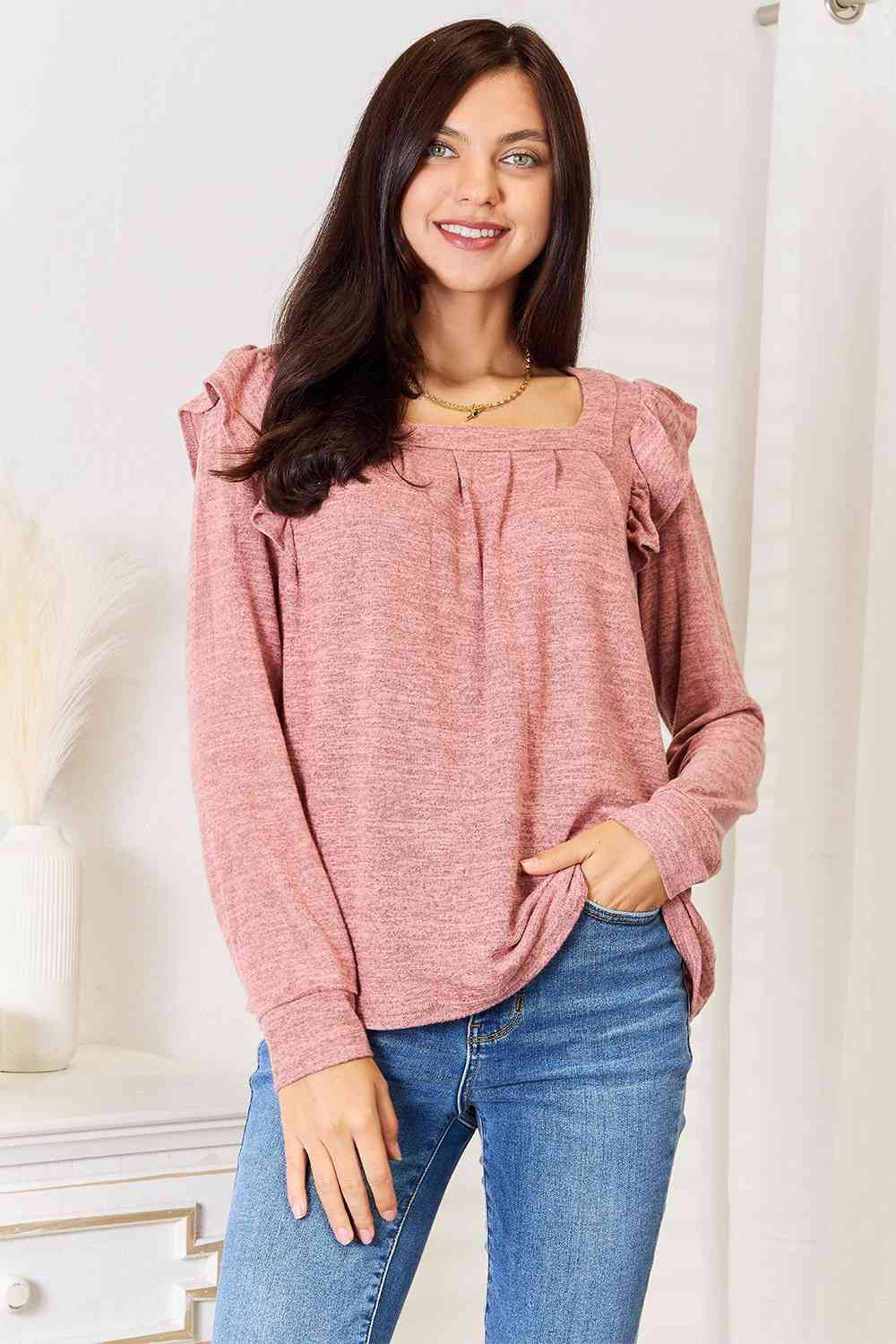 Double Take Square Neck Ruffle Shoulder Long Sleeve Shirt