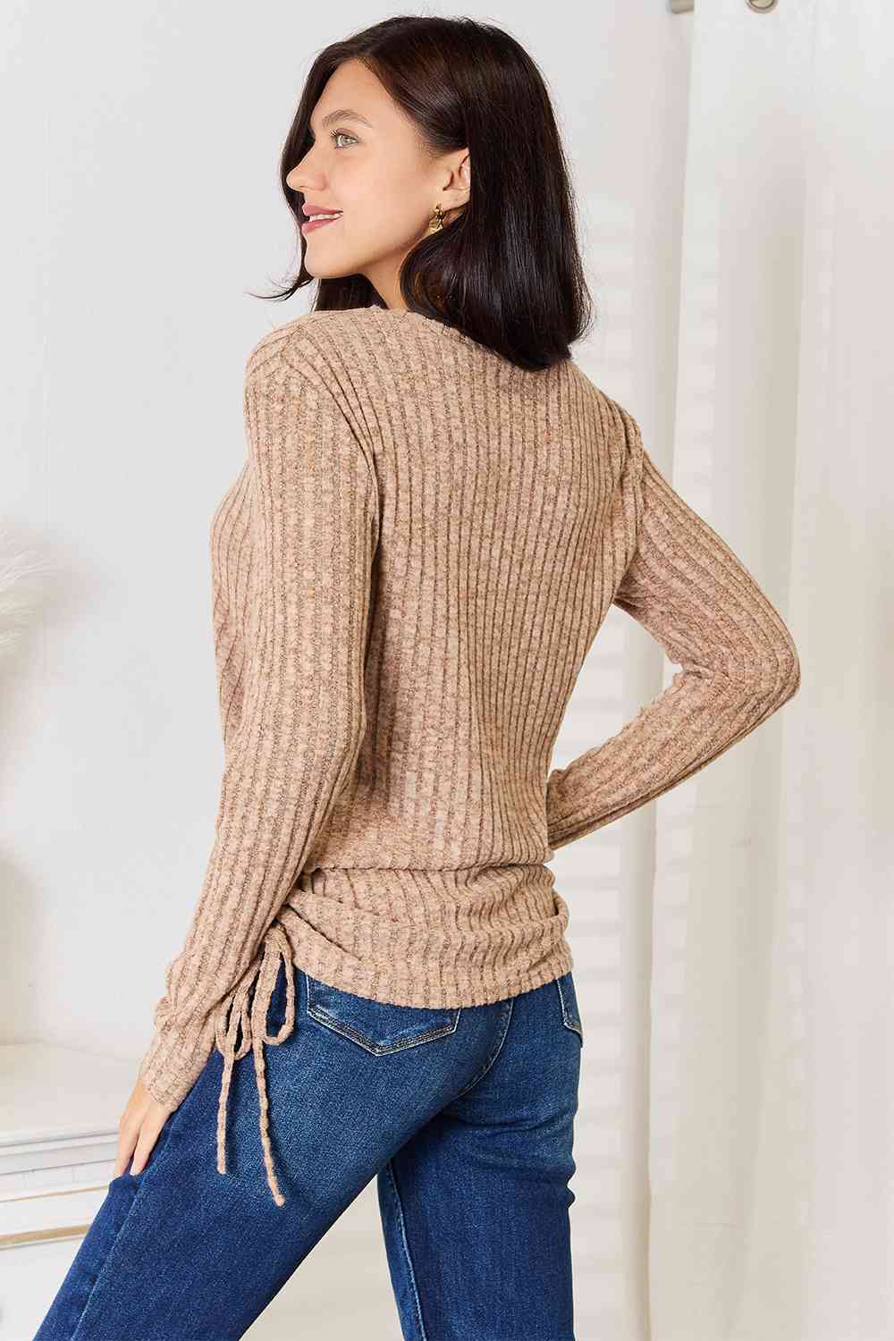 Double Take Drawstring Ribbed Long Sleeve Shirt