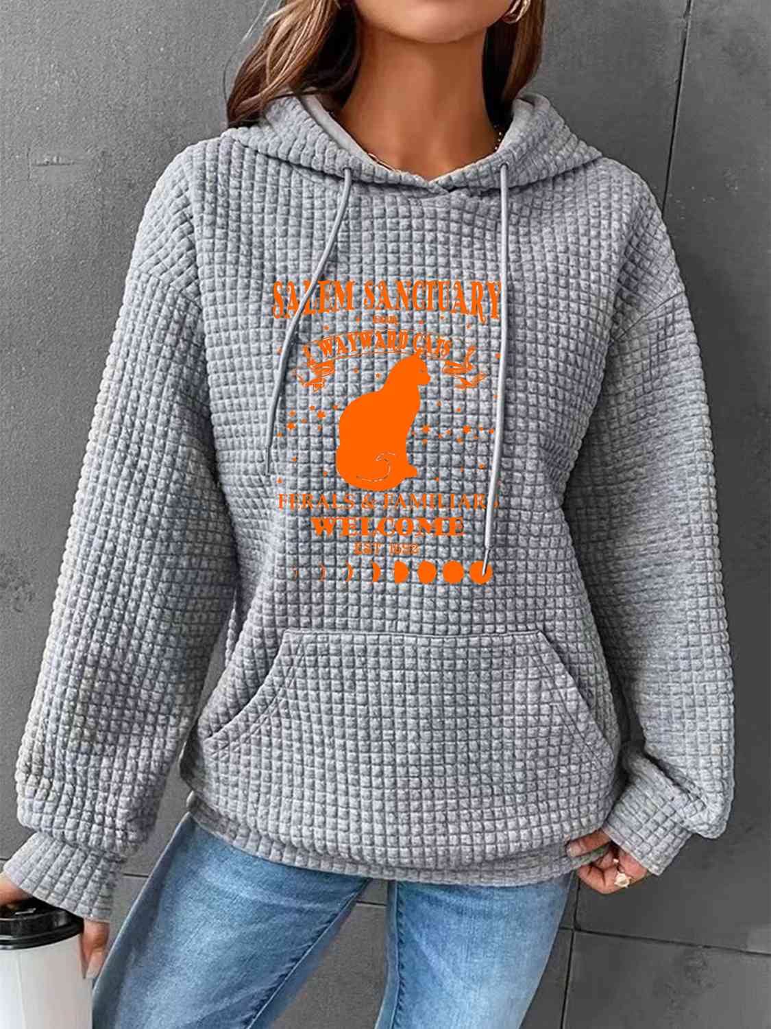 Full Size Graphic Textured Hoodie with Pocket