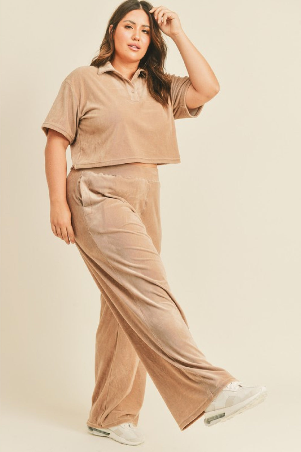 Kimberly C Full Size Cropped Polo Shirt and Wide Leg Pants Set