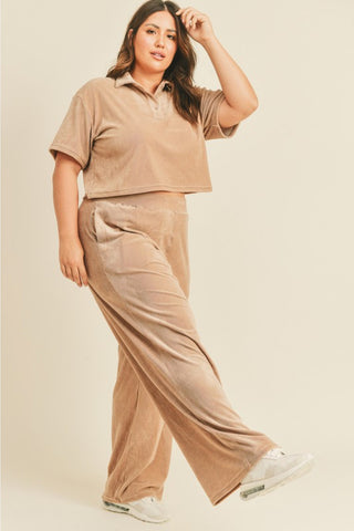 Kimberly C Full Size Cropped Polo Shirt and Wide Leg Pants Set